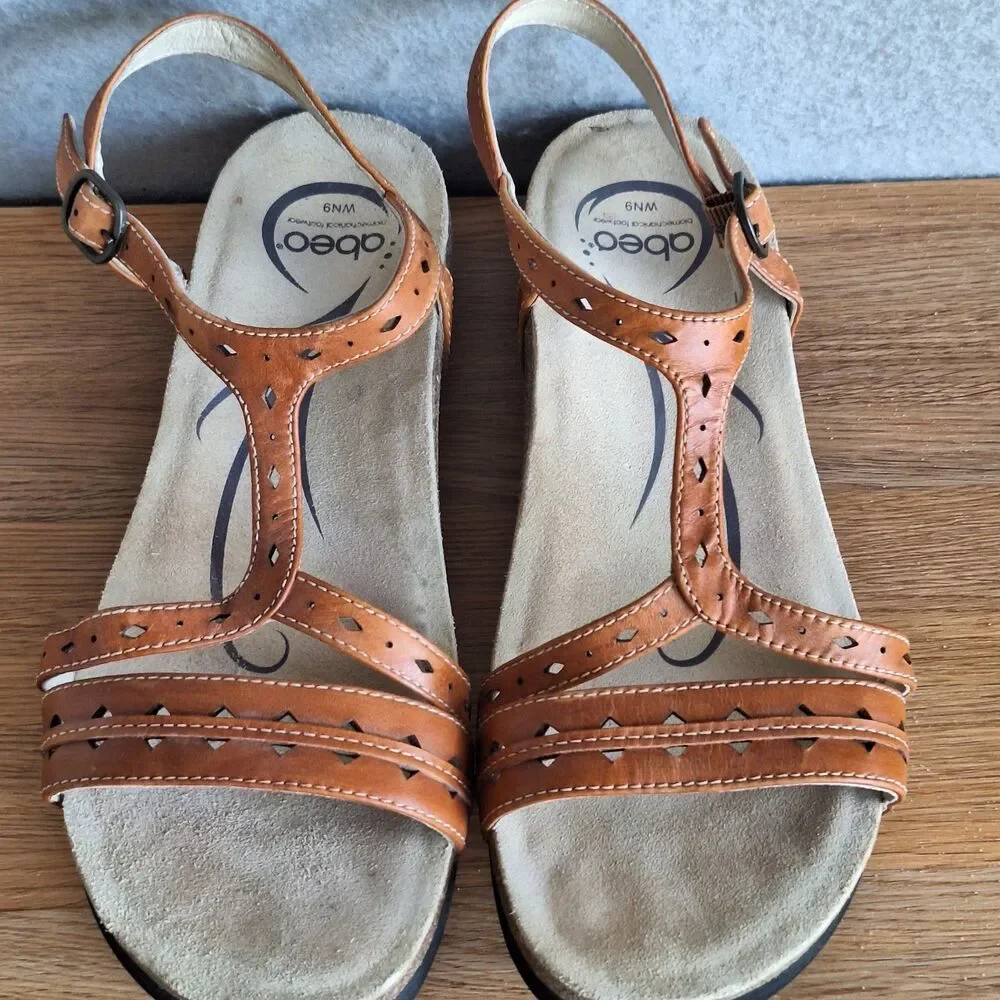 ABEO Basha Sandals Women 9 N Brown Leather Wedge Slingback Comfort Shoes Walking